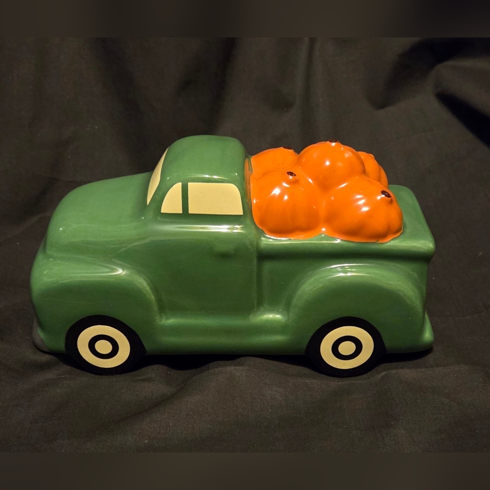 Green Ceramic Pumpkin Hauling Truck 7x3" Seasonal Decor